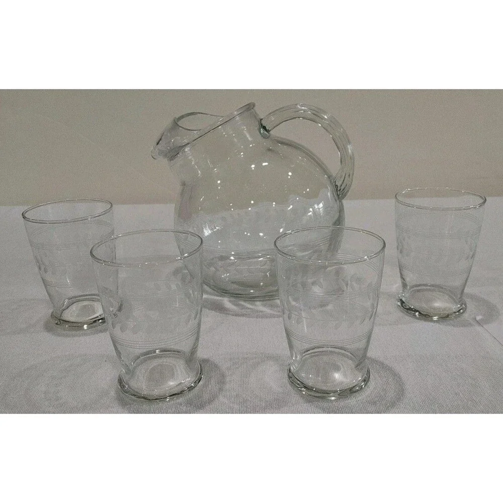 Vintage Tilted Clear Water Pitcher Etched Leaves Ring & Ice Lip & 4 Glasses